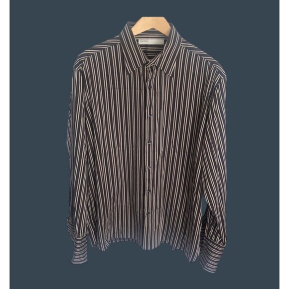 PERRY ELLIS-Brown Stripes 100% Cotton button front Mens Dress Shirt Size X-LARGE - Picture 1 of 6